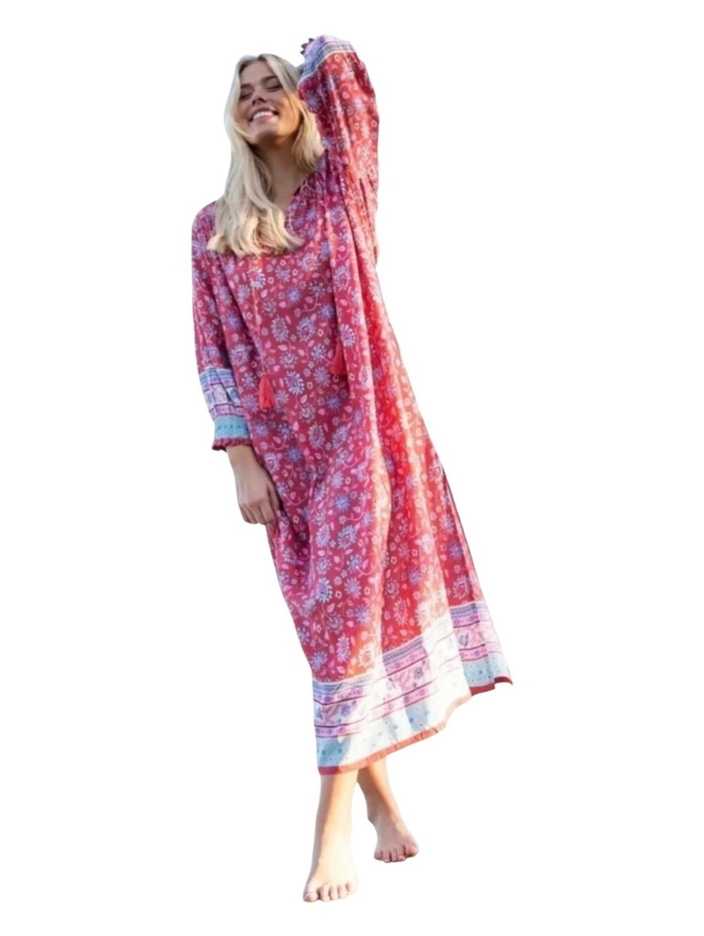 Natural Life Dara Maxi Kaftan Dress Size XS Pink Floral Longer Sleeves Oversized